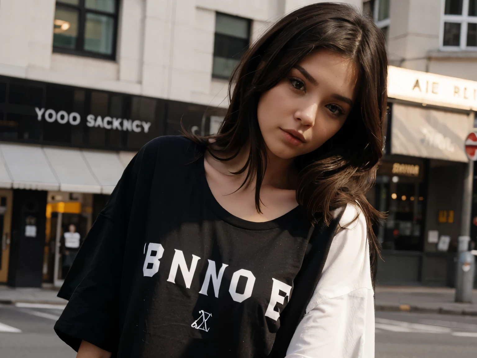 Brunette Girl with BLACK COLORS OVERSIZED T-Shirt