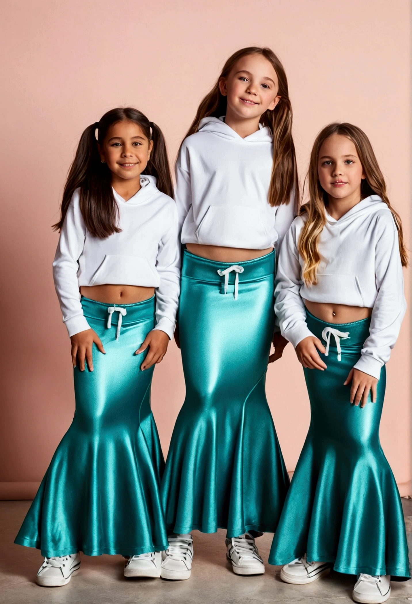 Four 10 year old American girls wearing casual long mermaid floor length maxi skirt covering legs and loose hoodie and sneakers with legs spread apart