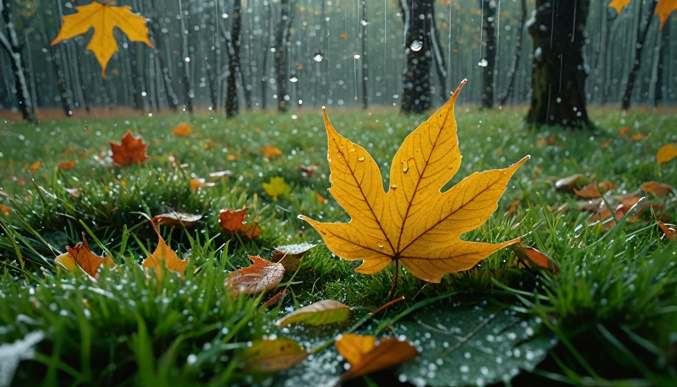 there is a round leaves that is sitting on the grass, magical round leaves leaves falling, snow is falling thinly,nature documentry footage, youtube video screenshot, today's featured photography 4k, autumn rain turkel, nature photography 4k, november, cinematic widescreen shot, leaves and magic, high quality screenshot, 2 0 2 1 cinematic 4 k framegrab, wide screenshot