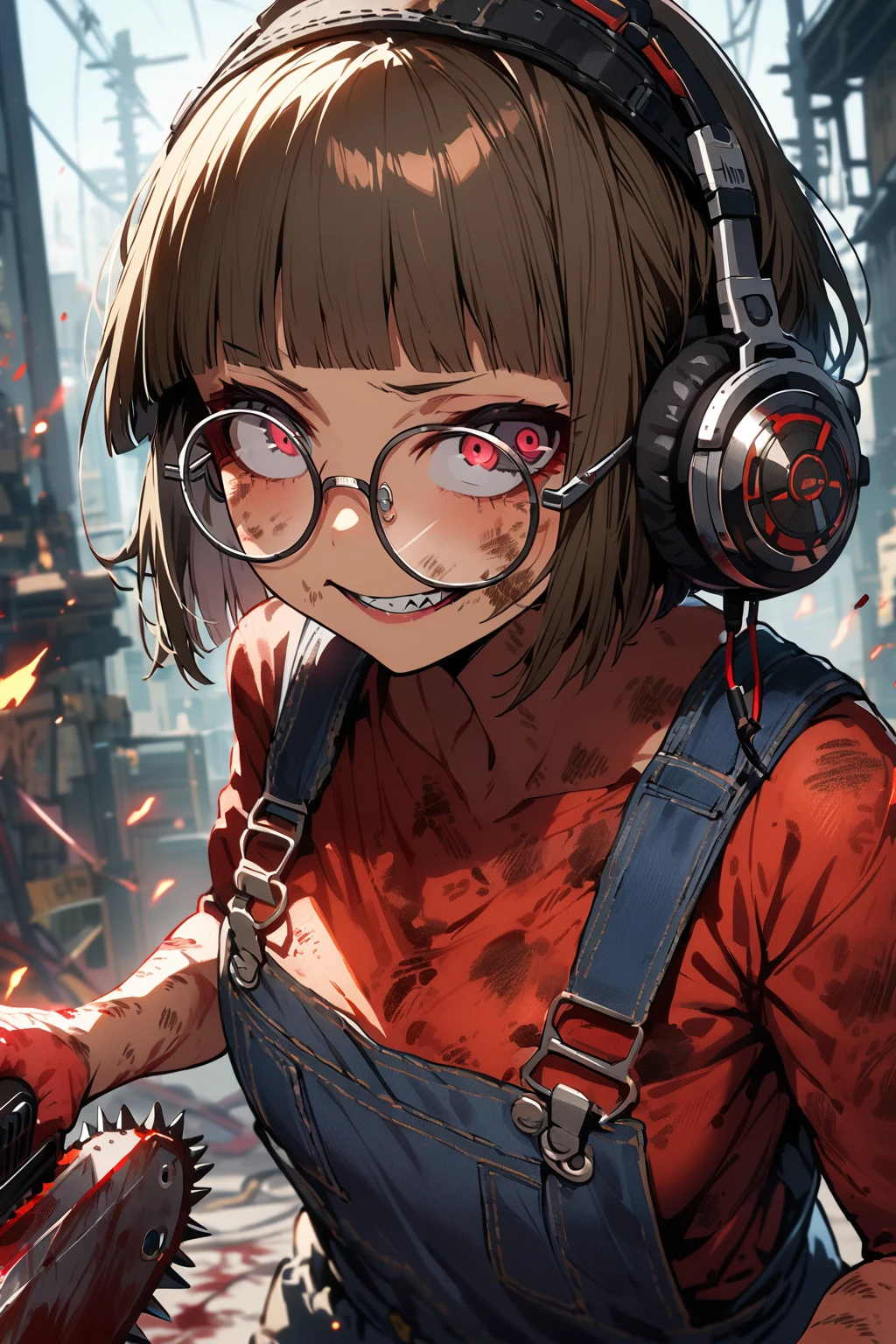 (extremely detailed fine touch:1.3), (((semi-rimless round eyewear:1.3))), (headphone:1.2), short hair, blunt bangs, 1 girl, evil smile, overalls., holding chainsaw, blood skin, dirty skin,