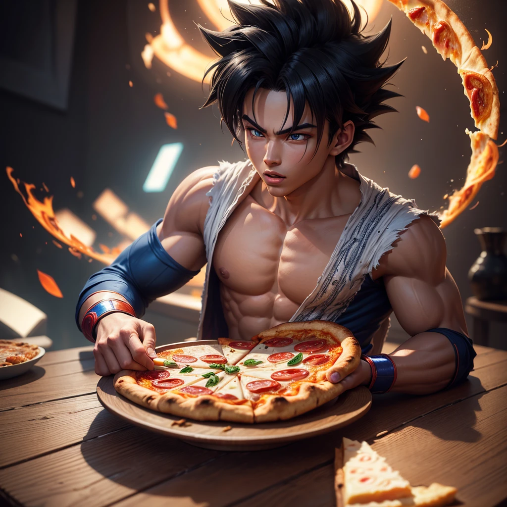 a young goku from dragon ball z, extremely detailed, beautiful detailed eyes, beautiful detailed lips, extremely detailed face and features, eating a pizza on a table, dynamic action pose, 8k, photorealistic, vibrant colors, cinematic lighting, concept art style