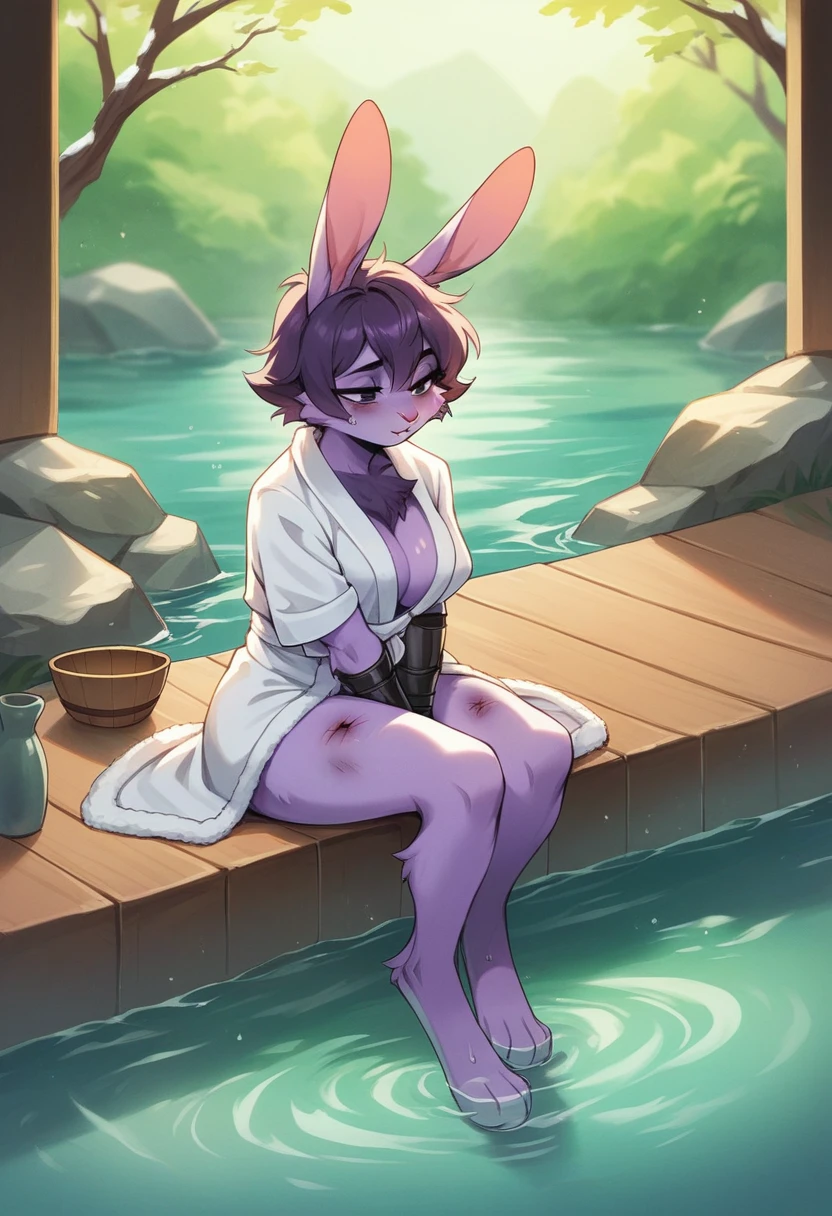 create a picture of a female half rabbit character with purple giant rabbit digitigrade legs with white paws, put purple rabbit ears on top of her head with black stains, wrap her up in a large closed white bathrobe wrapped around her whole body, put purple fur on her arms from her elbows down, give her short brown hair, make her legs look fluffy and furry, make it in an anime style, make her look super relaxed and like she’s dreaming, give her black gauntlets, make her look bruised, give her moderate breasts, make her sitting deep in a hot spring, make her mostly submerged in the water, make the environment very steamy, make the bathrobe look soft and fluffy, make her sitting in the middle of the water,