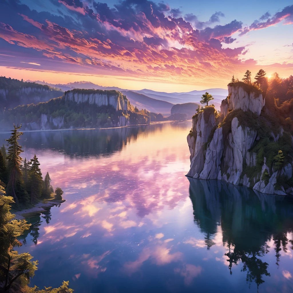 Photos that capture the essence of the magical world of dreams. A magnificent and legendary cliff jutting out over a beautiful lake, Surreal and vibrant colors illuminate the reflection.. The atmosphere is otherworldly, The soft evening light casts a fantastic shadow. This image exudes depth and mystery., It's as if the viewer is transported to another dimension., Create beautiful and memorable compositions. Shot with Canon EosIII Zeiss 120mm wide