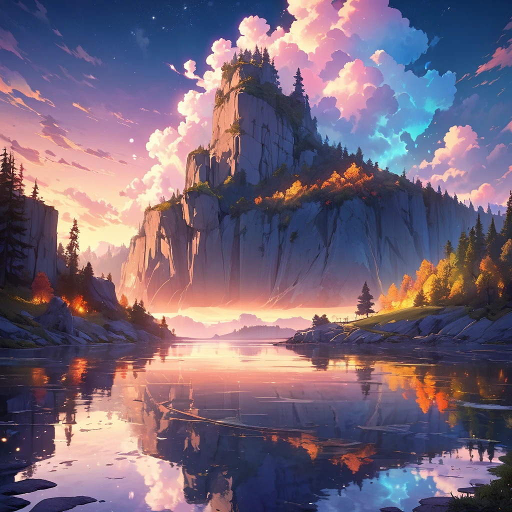 Photos that capture the essence of the magical world of dreams. A magnificent and legendary cliff jutting out over a beautiful lake, Surreal and vibrant colors illuminate the reflection.. The atmosphere is otherworldly, The soft evening light casts a fantastic shadow. This image exudes depth and mystery., It's as if the viewer is transported to another dimension., Create beautiful and memorable compositions. Shot with Canon EosIII Zeiss 120mm wide