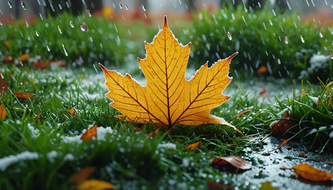 there is a round leaves that is sitting on the grass, magical round leaves leaves falling, snow is falling thinly,nature documentry footage, youtube video screenshot, today's featured photography 4k, autumn rain turkel, nature photography 4k, november, cinematic widescreen shot, leaves and magic, high quality screenshot, 2 0 2 1 cinematic 4 k framegrab, wide screenshot