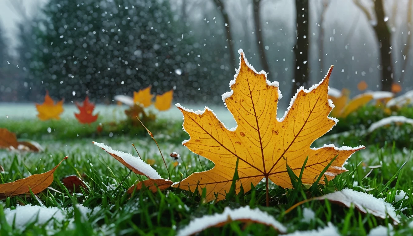 there is a round leaves that is sitting on the grass, magical round leaves leaves falling, snow is falling thinly,nature documentry footage, youtube video screenshot, today's featured photography 4k, autumn rain turkel, nature photography 4k, november, cinematic widescreen shot, leaves and magic, high quality screenshot, 2 0 2 1 cinematic 4 k framegrab, wide screenshot