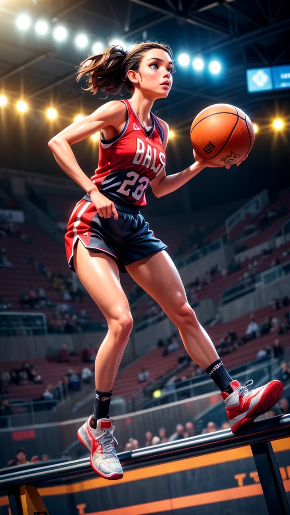 a beautiful female basketball player, dunking a basketball, action shot, extreme sports, athletic woman, dynamic pose, muscular legs, toned arms, sweat, determination, crowd in background, stadium interior, dynamic lighting, cinematic composition, 4k, highly detailed, photorealistic, dramatic lighting, vibrant colors, motion blur, (best quality,4k,8k,highres,masterpiece:1.2),ultra-detailed,(realistic,photorealistic,photo-realistic:1.37),studio lighting,ultra-fine painting,sharp focus,physically-based rendering,extreme detail description,professional,vivid colors,bokeh