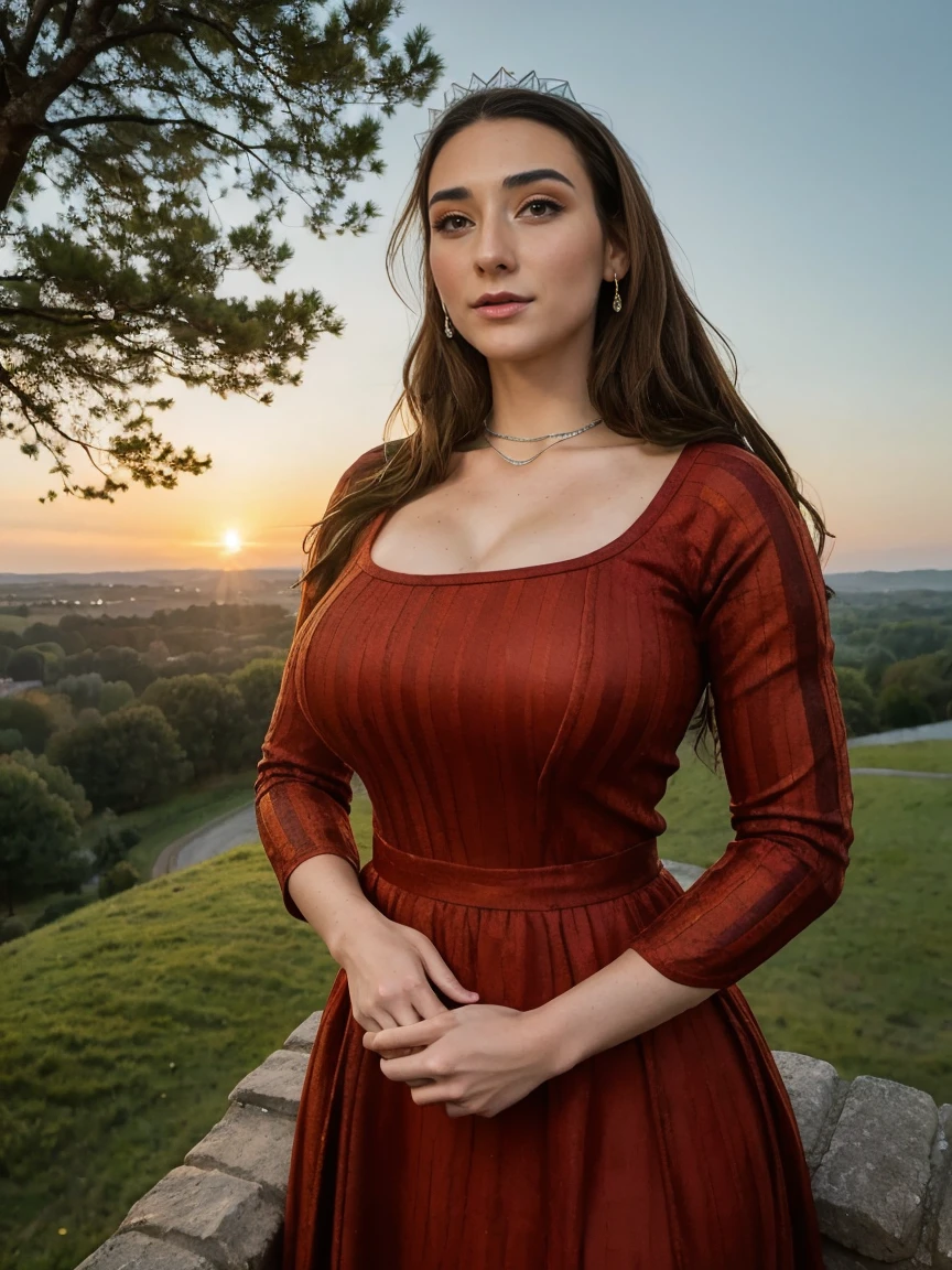 Beautiful and regal, imperious and aloof, busty athletic (thin) brunette queen with sharp facial features wearing a modest updo, dark red medieval dress, long sleeves, intricate patterns, scrollwork, wide neck, crown, veil, long dress, modest dress, tight bodice, (silver waist chain), medieval jewelry, Middle Ages, castle, rampart, wall, exterior, on top of a castle wall, trees, countryside, evening, sunset.