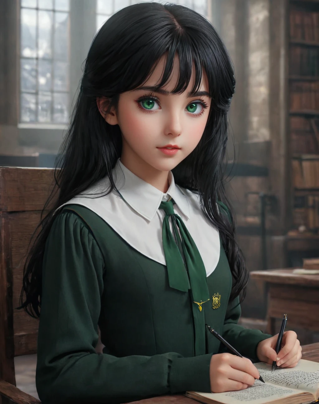 daughter of severus anape, 9-yeart-old , black hair, green eyes,（ultra best quality、in 8K、masuter piece、delicate illustration）,(best quality,4k,8k,highres,masterpiece:1.2),ultra-detailed,realistic,portrait of a beautiful, Elementary school girl, astrologer