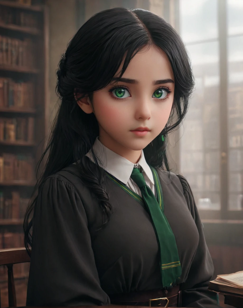 daughter of severus anape, 9-yeart-old , black hair, green eyes,(ultra best quality、in 8K、masuter piece、delicate illustration),(best quality,4k,8k,highres,masterpiece:1.2),ultra-detailed,realistic,portrait of a beautiful, Elementary school girl, astrologer