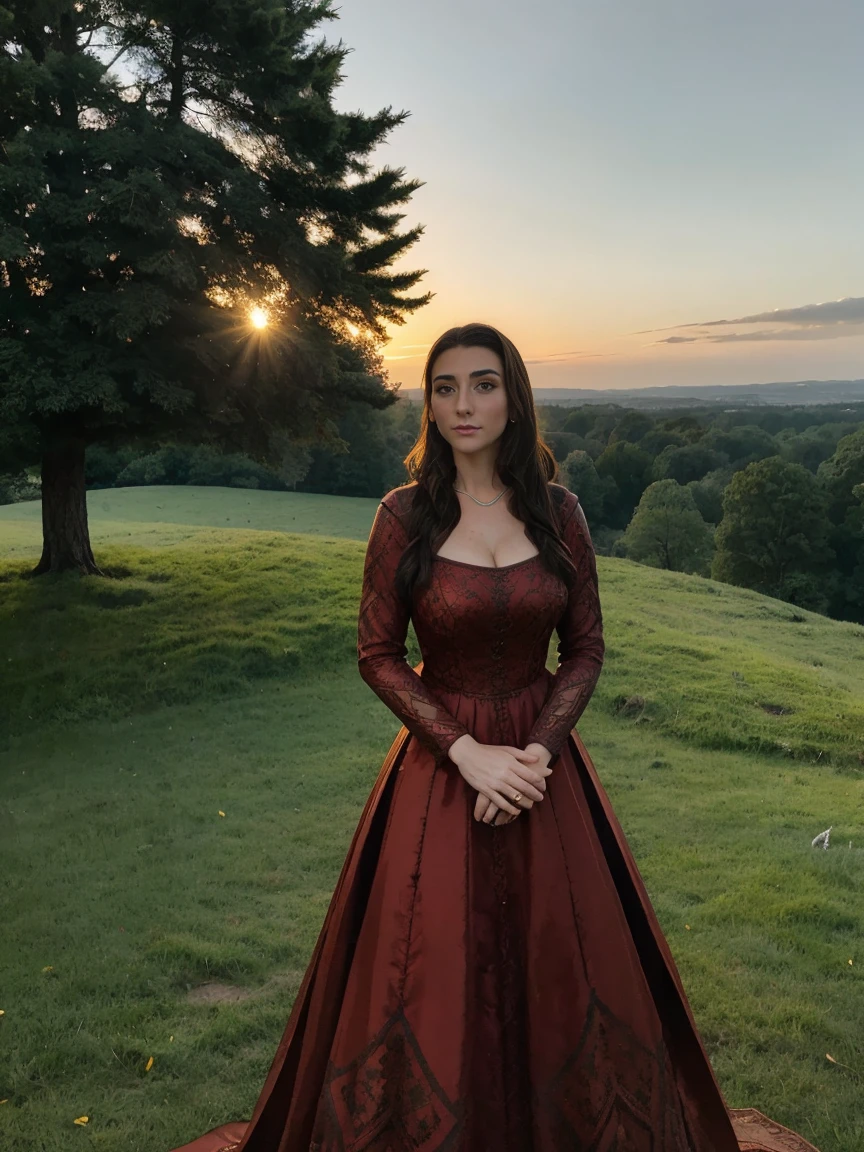 Beautiful and regal, imperious and aloof, busty athletic (thin) brunette queen with sharp facial features wearing a modest updo, dark red medieval dress, long sleeves, intricate patterns, scrollwork, wide neck, crown, veil, long dress, tight bodice, (silver waist chain), medieval jewelry, Middle Ages, castle, rampart, wall, exterior, on top of a castle wall, trees, countryside, evening, sunset.