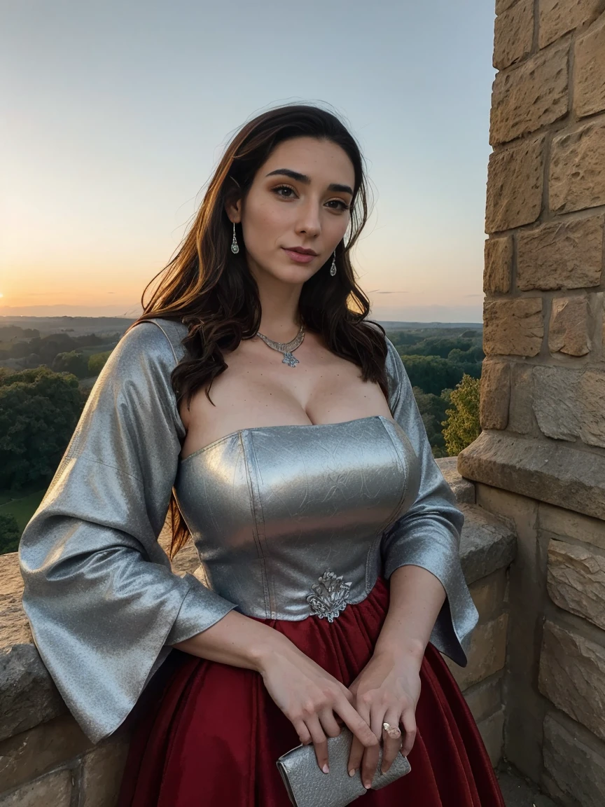 Beautiful and regal, imperious and aloof, athletic (thin) brunette queen with sharp facial features wearing a modest updo, dark red medieval dress, long sleeves, intricate patterns, scrollwork, wide neck, crown, veil, long dress, tight bodice, (silver waist chain), medieval jewelry, Middle Ages, castle, rampart, wall, exterior, on top of a castle wall, trees, countryside, evening, sunset.