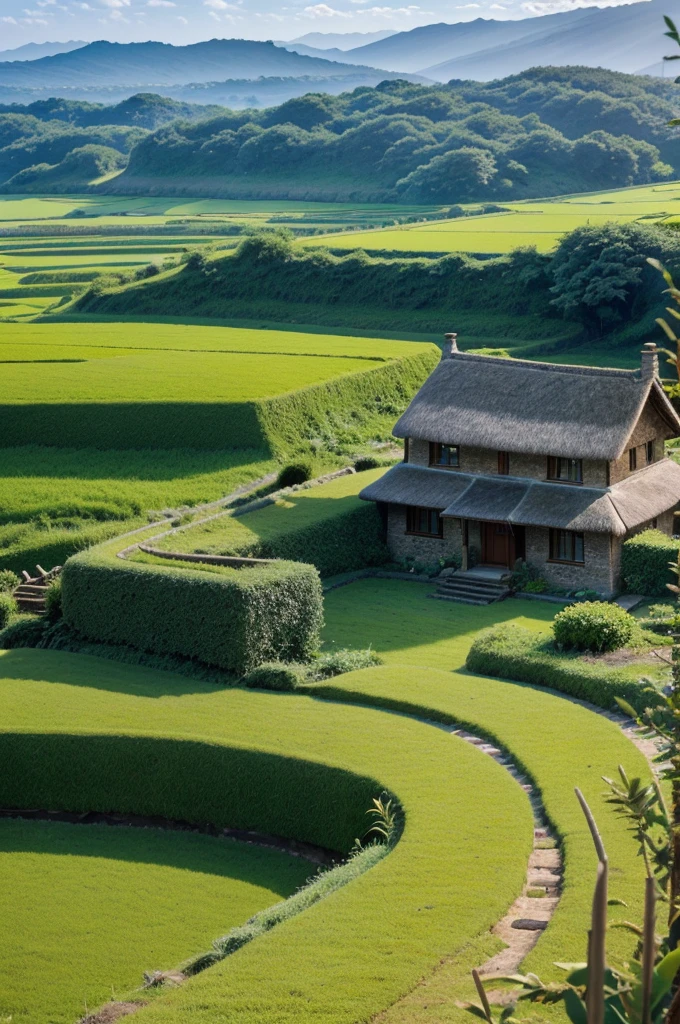 big thatched farmhouse stood at the verge of a small plateau overlooking a bay. The plateau, mostly devoted to rice culture, was hemmed in on three sides by thickly wooded summits. From its outer verge the land sloped down in a huge green concavity, as if scooped out, to the edge of the water; and the whole of this slope, some three quarters of a mile long, was so terraced as to look, when viewed from the open sea
