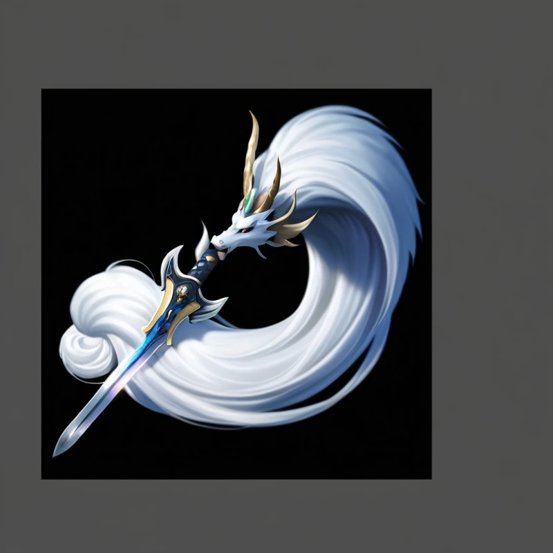 Close up of a sword with white hair on a black background, 幻想sickle, The style of the Ghost Slayer Blade, 飘逸的White hair, White hair, Detailed long white hair, White hair floating in the air, Sword and Wand - Water, curved sword, Sword weapons, sickle, Dragon Staff, White hair神祇, long 飘逸的White hair, Medieval spears, Silver Sword