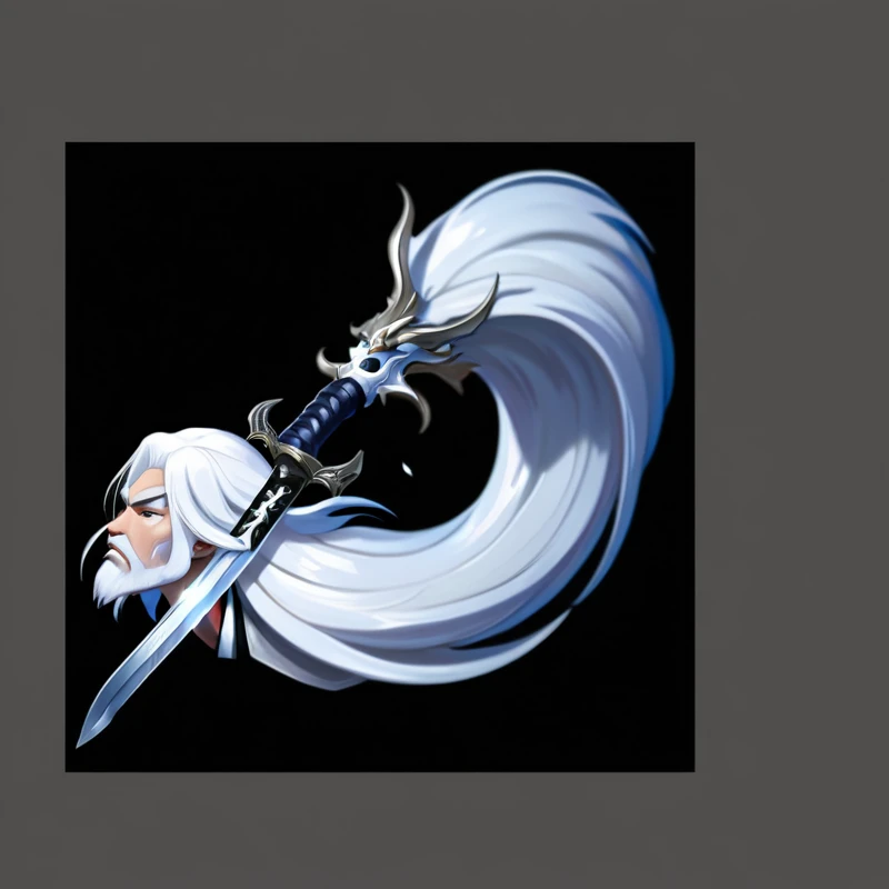 Close up of a sword with white hair on a black background, 幻想sickle, The style of the Ghost Slayer Blade, 飘逸的White hair, White hair, Detailed long white hair, White hair floating in the air, Sword and Wand - Water, curved sword, Sword weapons, sickle, Dragon Staff, White hair神祇, long 飘逸的White hair, Medieval spears, Silver Sword