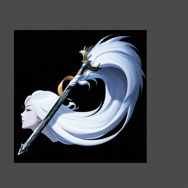 Close up of a sword with white hair on a black background, 幻想sickle, The style of the Ghost Slayer Blade, 飘逸的White hair, White hair, Detailed long white hair, White hair floating in the air, Sword and Wand - Water, curved sword, Sword weapons, sickle, Dragon Staff, White hair神祇, long 飘逸的White hair, Medieval spears, Silver Sword