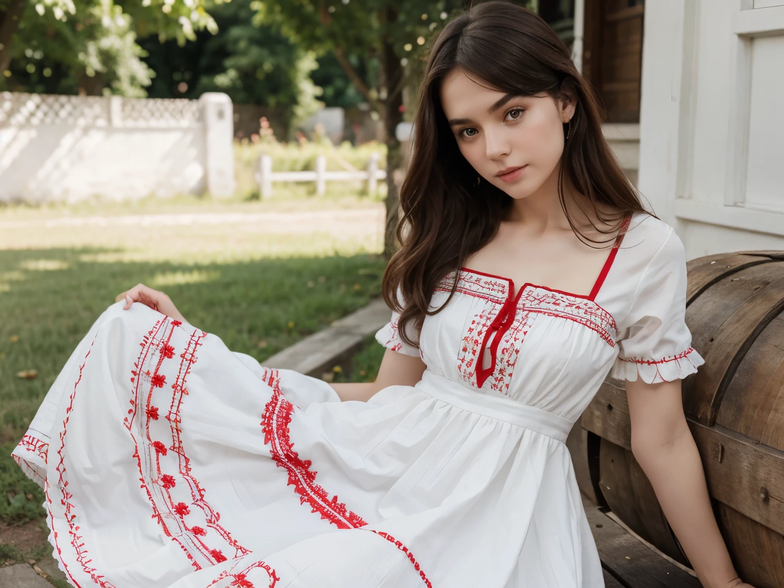 White Skin Girl with Red Embroidered Le Lis Blanc Dress