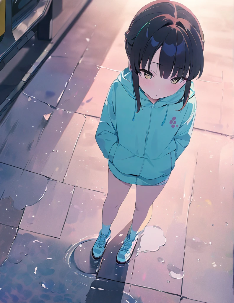 (Anime Style:1.4),A soft touch to painting、超High resolution, Attention to detail, high quality, High resolution, 最high quality, 4K, 8K,Road after the rain、Puddle and girl、Pastel color effect