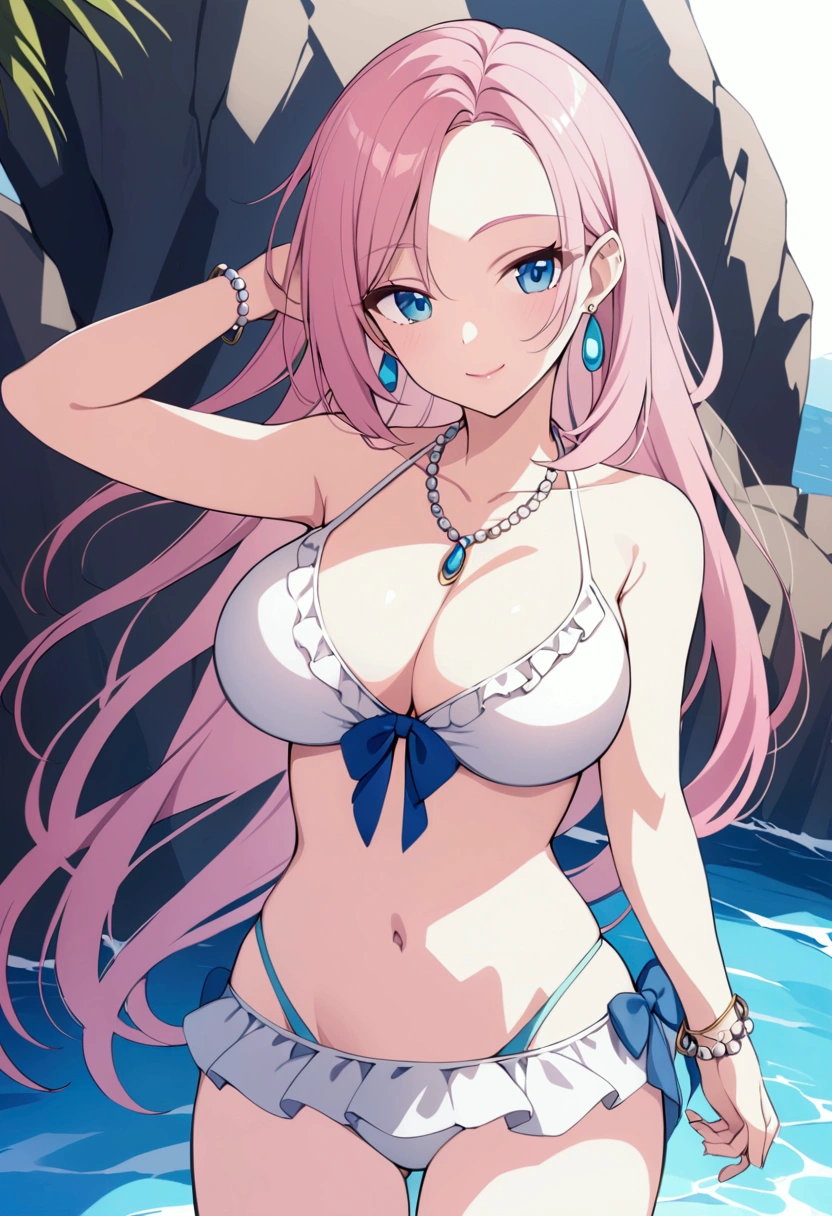 slender, mature female,jewelry, bracelet, 1girl, short hair, messy_hair, pink_hair, breasts, cleavage, blue_eyes, necklace, looking_at_viewer, bead_bracelet, parted_bangs, beads, bare_shoulders, earrings, swimsuit, white_bikini, solo, large_breasts, bangs, bikini, collarbone, frills, skirt, water, crop_top, smile, very_long_hair, pearl_bracelet, bangle, sidelocks, midriff, arm_up, closed_mouth, forehead, navel, standing, cowboy_shot, sleeveless, frilled_bikini, stomach, lips, eyebrows_visible_through_hair, white_skirt,