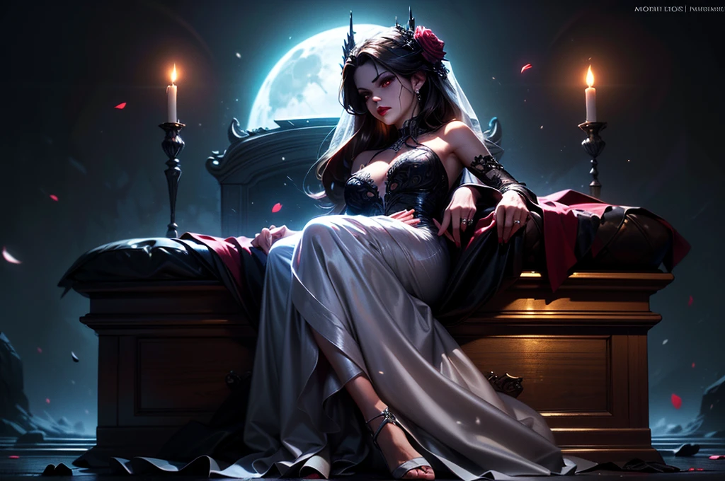 In the night graveyard near the open coffin standing beatiful pale bride female, she have pale skin, beatiful face with silver eyes dark red lipstick black eyeshadows and black tear trace on her face, her haie is black as the darkest night, she dressed in old wedding dress with holes and blood stains and bare feets, in her hands she holding withered black rose bouquet, she have greennish glow aura around her, there is blood moon in the sky,(ultra high quality fantasy art, ghothic dark fantasy style, masterpiece, ultra high quality character design, 8k quality anime art, realistic anime art, top quality wallpaper illustration, detailed ultra high quality accurate face, high quality design and accurate physic)