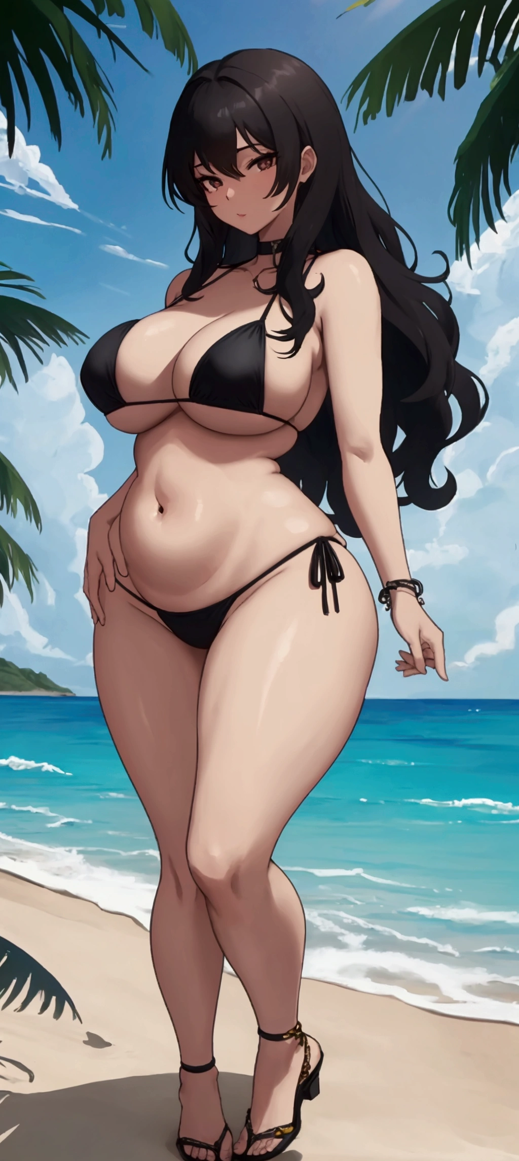 a black-haired milf with big hips on the beach with a with a tiny bikini with a string thong that reveals her lascivious body