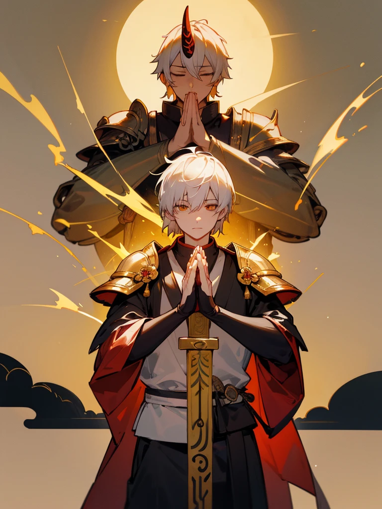 Buddha,Lucky Eyes, horn, white short hair, black armor, tori ready, man, full moon, hands together in prayer, Zen meditation golden lion Chi Japanese sword