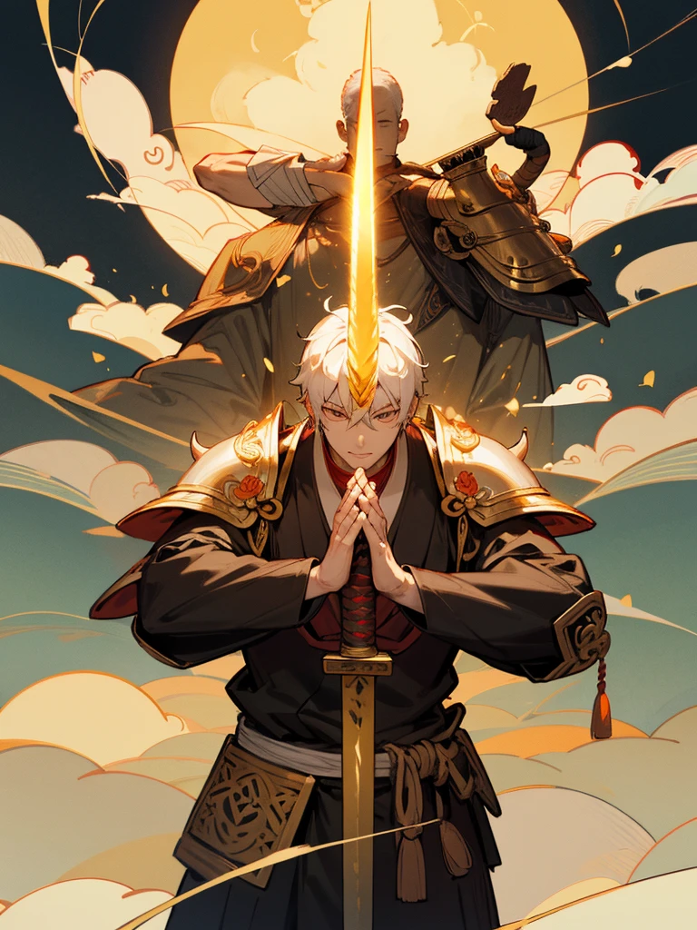 Buddha,Lucky Eyes, horn, white short hair, black armor, tori ready, man, full moon, hands together in prayer, Zen meditation golden lion Chi Japanese sword