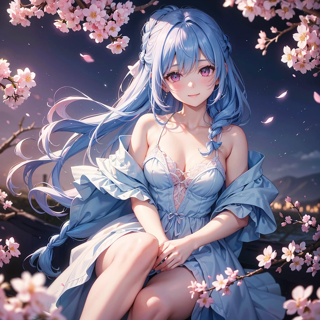 (Sky blue medium hair),(Braided hair tied together)、Pink eyes、Fair skin、(whole body)、(One Girl)、(suit)、Cherry Blossoms at Night、A big smile、、(masterpiece、Highest quality、Very detailed、Best Shadow)、(Detailed Background)、(Beautifully detailed face)、High contrast、(Best lighting、Very delicate and beautiful)、((Cinematic Light))、colorful、Hyper Detail、Dramatic Light、Exquisite detail、