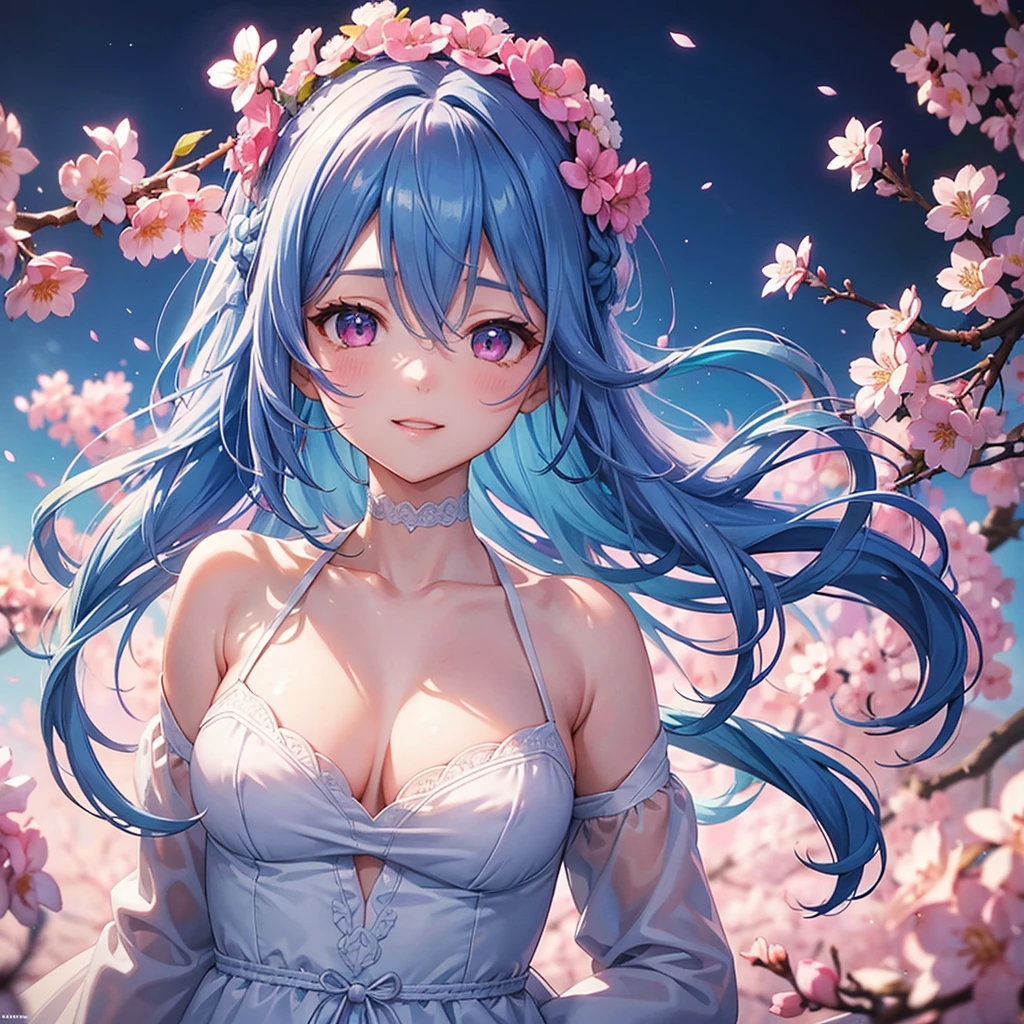 (Sky blue medium hair),(Braided hair tied together)、Pink eyes、Fair skin、(whole body)、(One Girl)、(suit)、Cherry Blossoms at Night、A big smile、、(masterpiece、Highest quality、Very detailed、Best Shadow)、(Detailed Background)、(Beautifully detailed face)、High contrast、(Best lighting、Very delicate and beautiful)、((Cinematic Light))、colorful、Hyper Detail、Dramatic Light、Exquisite detail、