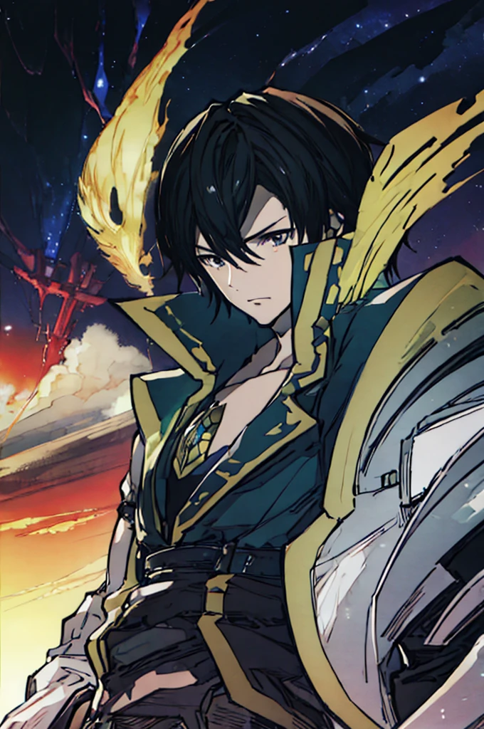 ((masterpiece_portrait)),(CG game_cg),(pixiv),(Berserk),(Color Field),(Dark_Fantasy),(male_focus),sky_blue_background,forest,1boys,knight,muscular,round_face,short_hair,gradient_hair,black_hair,brown_hair,curly_hair,blue_eyes,glowing_pupils,flat_chest,standing,expression_face,Closed_mouth,clenched_hands,Black_knight_armor,Gray_armored_boots,Gray_cuisse
