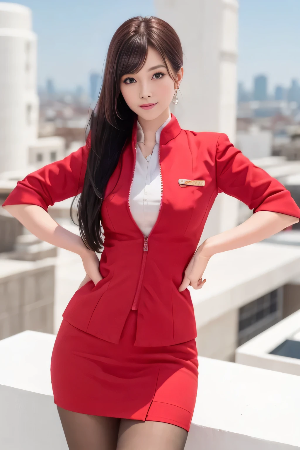 (masterpiece:1.2, Highest quality:1.2), 32k HDR, High resolution, (alone, 1 Girl), (AirAsia stewardess uniform realistic style), A proper woman, Beautiful Face, Brown Hair, (Long hair down to the legs), (Red jacket:1.1, Unzipped jacket, Unbuttoned white shirt:1.05, Red mini skirt:1.1, pantyhose),(Showing big through cleavage in unbuttoned white shirt)、(long hair that reaches down to the legs)、Perfect slim body:1.1, Huge breasts, huge breasts cleavage, Detailed skin texture, Beautiful Eyes, (Attractive look:1.2), necklace、Earrings、(forward leaning posture:1.5), On the roof of a building, Rooftop at daytime,blue eyes、Hands should be lowered