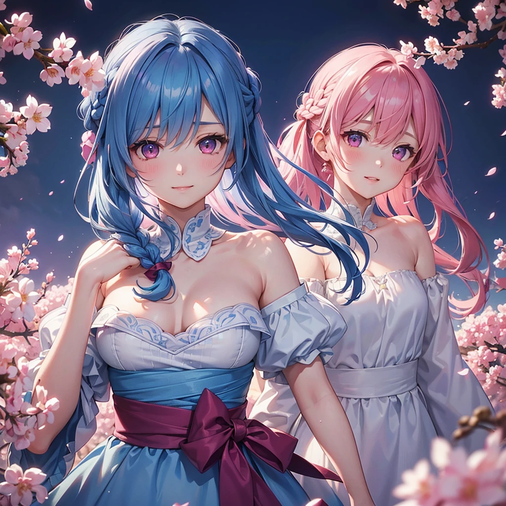 (Sky blue medium hair),(Braided hair tied together)、Pink eyes、Fair skin、(whole body)、(One Girl)、(suit)、Cherry Blossoms at Night、A big smile、、(masterpiece、Highest quality、Very detailed、Best Shadow)、(Detailed Background)、(Beautifully detailed face)、High contrast、(Best lighting、Very delicate and beautiful)、((Cinematic Light))、colorful、Hyper Detail、Dramatic Light、Exquisite detail、