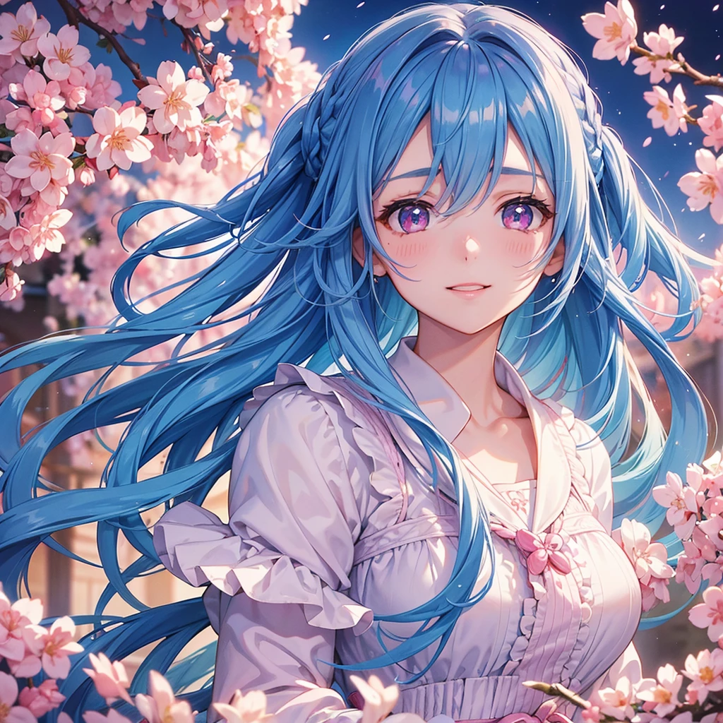 (Sky blue medium hair),(Braided hair tied together)、Pink eyes、Fair skin、(whole body)、(One Girl)、(suit)、Cherry Blossoms at Night、A big smile、、(masterpiece、Highest quality、Very detailed、Best Shadow)、(Detailed Background)、(Beautifully detailed face)、High contrast、(Best lighting、Very delicate and beautiful)、((Cinematic Light))、colorful、Hyper Detail、Dramatic Light、Exquisite detail、