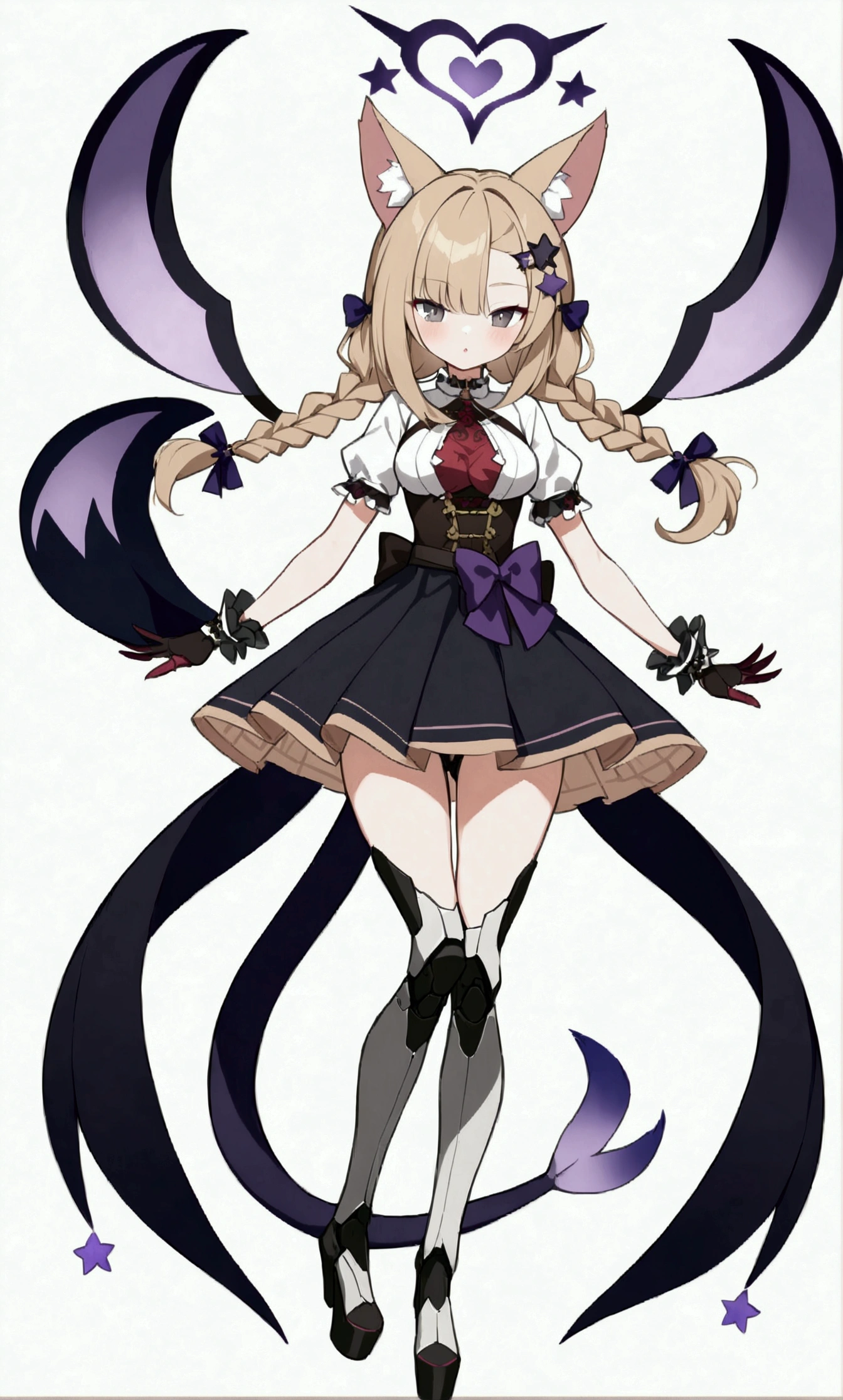 woman 170 cm tall, medium chest, wide hip, slim build, charming look, ((whole body)), (((character design sheet: front view))), (dark blonde hair, ((hip length wavy hair, asymmetrical bangs, star hairpin)), (She has a short braid tied with an elegant purple ribbon on the left side of her hair above her chest.), (She has a short braid tied with an elegant purple ribbon on the right side of her hair above her chest.), She has little hair bows in the back of her hair.), ((Gray eyes with a pink 4-pointed star in the pupil.)), (Two black and purple fox ears located on the top of the head.), (Luminous black horizontal halo with purple star patterns above head), He has a black collar with a heart emblem on his neck..., (Elegant long one piece dress, Thigh-length lace and ruffle skirt, large bow at the back of the hip, ribbon decorations and star patterns on the dress), black ruffled gloves, Black platform heels, gray belt at the waist with a large ribbon with a luminous pink heart in the middle, ((It has a thin succubus tail that ends in the shape of a heart.)), (((It has complex mechanical legs that reach up to the thighs and are black with small purple and red details...))), extremely detailed beautiful hair, beautiful detailed dress, extremely detailed arms, extremely detailed face, Extremely detailed hands, perfect hands, small face, Beautiful detailed eyes, beautiful detailed lips, adorable, extremely detailed legs, (Best Quality, 4k, high resolution), ultra detailed, Exquisite and epic character art., ((White background)), (Focus on symmetry).