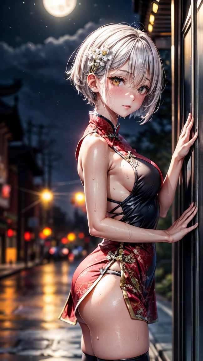 Young girl 22 years old, short silver bob hair, hair flower, sharp bangs between the eyes, yellow eyes, eyes large, ((traditional chinese imperial clothes black with gold details,)) red skirt, black thigh high socks. slenderbody. view from side, side point of view, on the street of a Japanese city, at night, with full moon in the background, light reflecting on the sexy and sweaty body. (((sweat)))