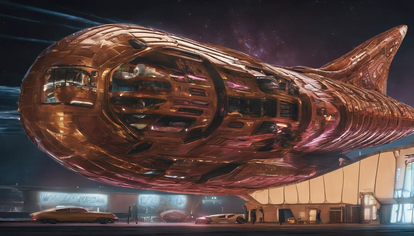 A colossal cosmic cyberpunk starship, reminiscent of Gerry and Sylvia Anderson's and Judith and Garfield Reeves-Stevens' unique styles, built from repurposed mobile home trailers. The ship features two rows of three trailers stacked vertically, interconnected by 6 large electric control rods and 6 culvert pipes. Atop the vessel, a massive MRI machine serves as a distinctive centerpiece. Four brown squirrel-ear-shaped crystal nacelles, two at the front and two at the rear, provide propulsion. This extraordinary vessel is, as large as the Western Half of Earth, combines retro-futuristic aesthetics with innovative engineering for a truly awe-inspiring sight. The ship's has metallic green and gold checkered design, with deep magenta accents. Insanely symmetrical design.