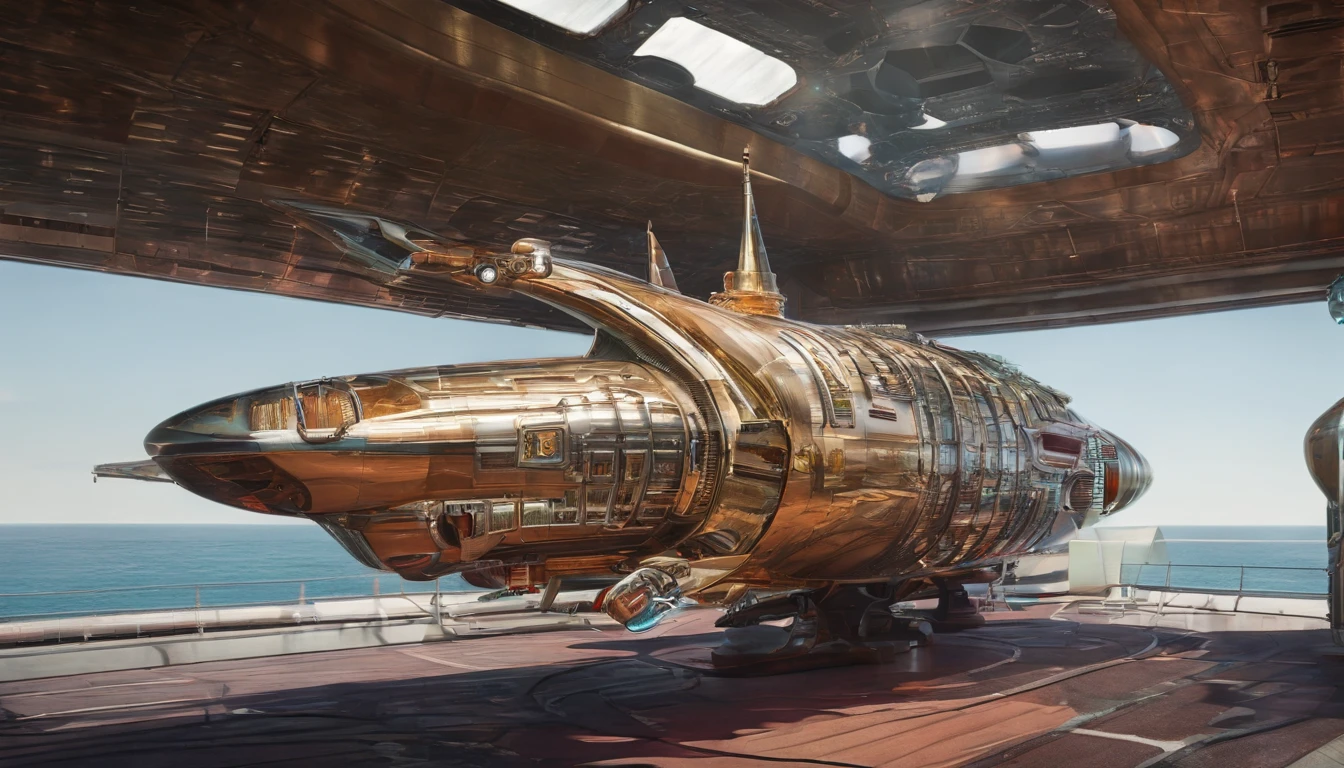 A colossal cosmic cyberpunk starship, reminiscent of Gerry and Sylvia Anderson's and Judith and Garfield Reeves-Stevens' unique styles, built from repurposed mobile home trailers. The ship features two rows of three trailers stacked vertically, interconnected by 6 large electric control rods and 6 culvert pipes. Atop the vessel, a massive MRI machine serves as a distinctive centerpiece. Four brown squirrel-ear-shaped crystal nacelles, two at the front and two at the rear, provide propulsion. This extraordinary vessel is, as large as the Western Half of Earth, combines retro-futuristic aesthetics with innovative engineering for a truly awe-inspiring sight. The ship's has metallic green and gold checkered design, with deep magenta accents. Insanely symmetrical design.