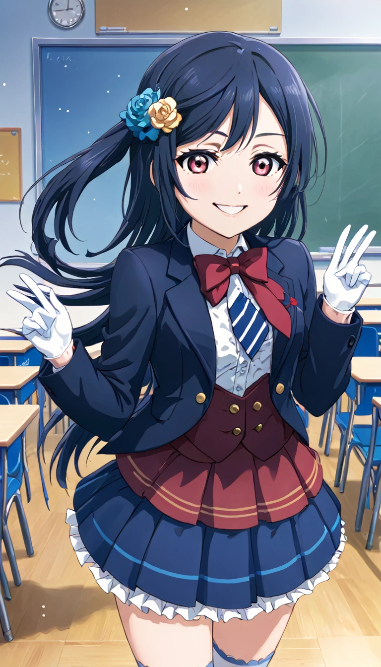 masterpiece, best quality, one side up, feather hair ornament, hair flower, white gloves, legwear, thighhighs, smile, (1girl), (solo), otonokizaka ,winter uniform, red striped bow tie, navy blue blazer, blue striped pleated skirt,from front, in classroom, standing put hands on hip, BREAK score_9, score_8_up, score_7_up, score_6_up, source_anime 