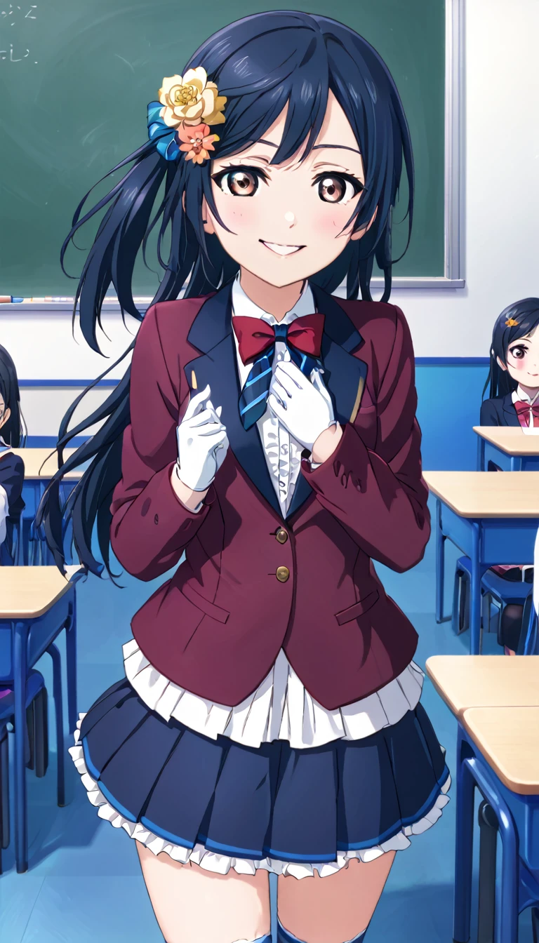 masterpiece, best quality, one side up, feather hair ornament, hair flower, white gloves, legwear, thighhighs, smile, (1girl), (solo), otonokizaka ,winter uniform, red striped bow tie, navy blue blazer, blue striped pleated skirt,from front, in classroom, standing put hands on hip, BREAK score_9, score_8_up, score_7_up, score_6_up, source_anime 