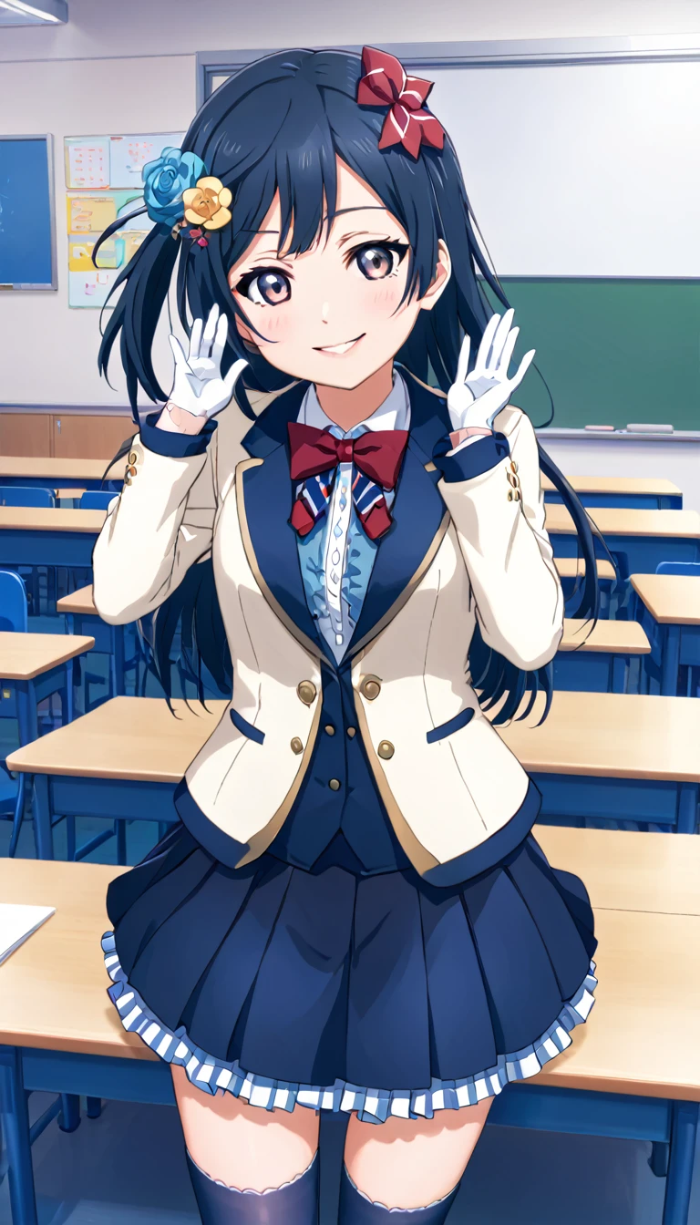 masterpiece, best quality, one side up, feather hair ornament, hair flower, white gloves, legwear, thighhighs, smile, (1girl), (solo), otonokizaka ,winter uniform, red striped bow tie, navy blue blazer, blue striped pleated skirt,from front, in classroom, standing put hands on hip, BREAK score_9, score_8_up, score_7_up, score_6_up, source_anime 