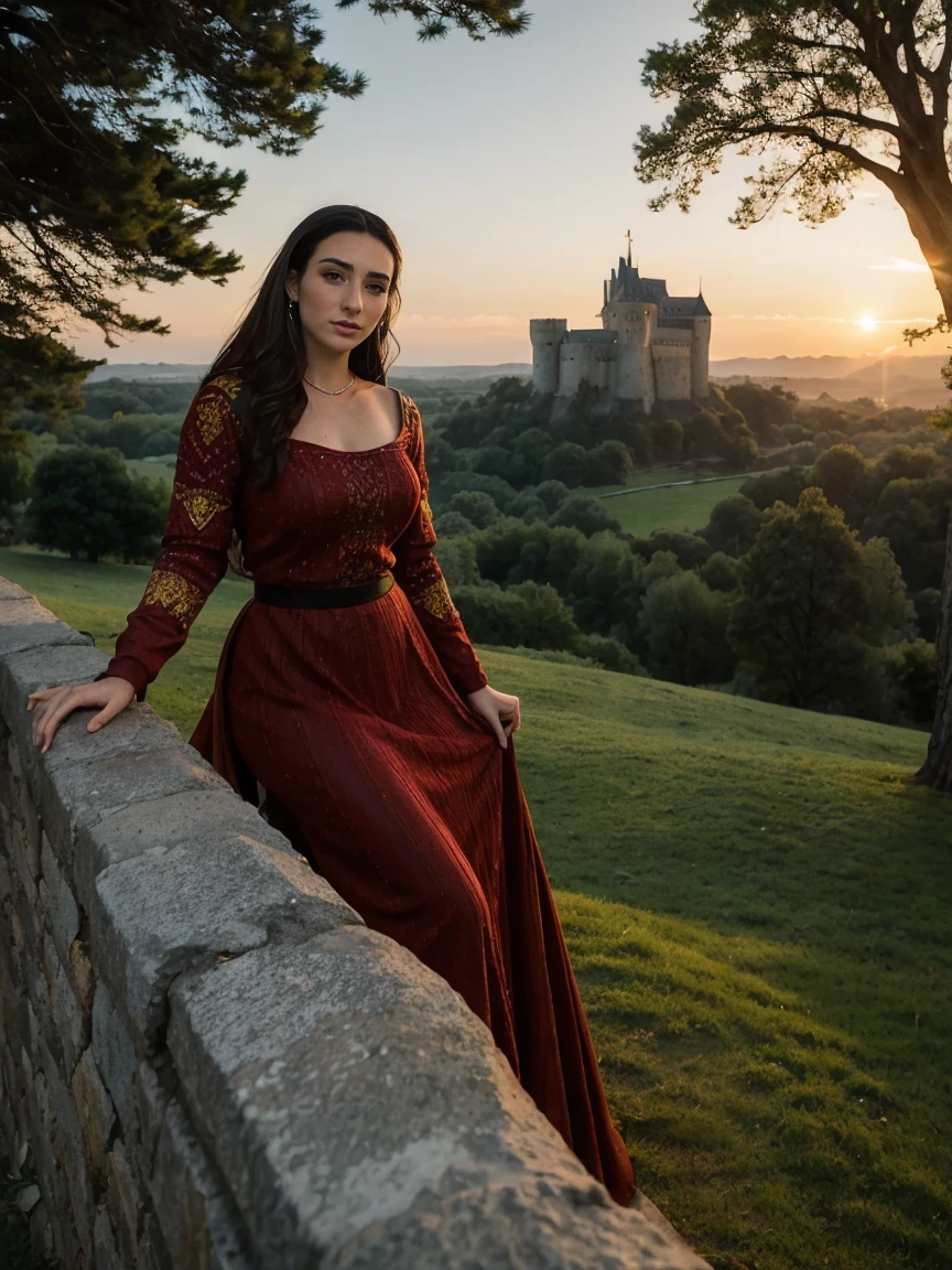 Beautiful and regal, imperious and aloof, busty athletic (thin) brunette queen with sharp facial features wearing a modest updo, dark red medieval dress, long sleeves, intricate patterns, embroidery, wide neck, crown, veil, long dress, modest dress, tight bodice, (silver waist chain), medieval jewelry, Middle Ages, castle, rampart, wall, exterior, on top of a castle wall, trees, countryside, evening, sunset.