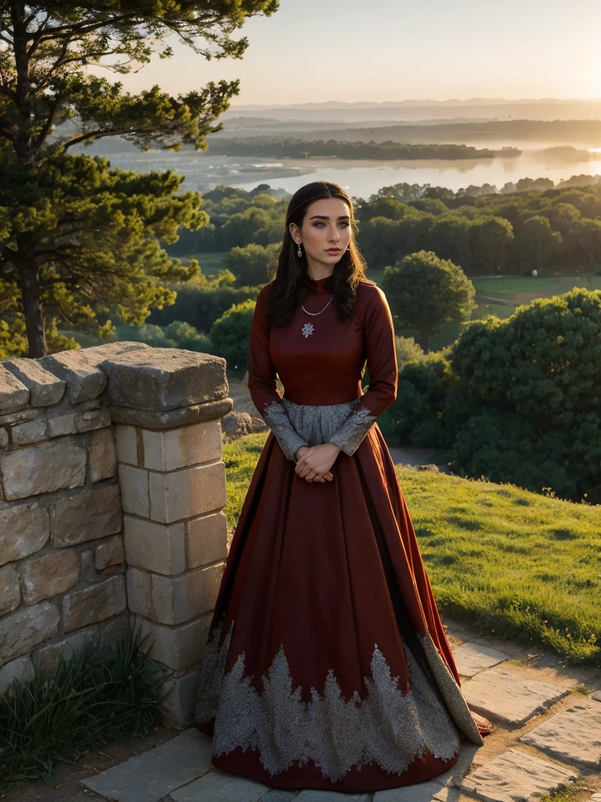 Beautiful and regal, imperious and aloof, busty athletic (thin) brunette queen with sharp facial features wearing a modest updo, dark red medieval dress, long sleeves, intricate patterns, embroidery, wide neck, crown, veil, long dress, modest dress, tight bodice, (silver waist chain), medieval jewelry, Middle Ages, castle, rampart, wall, exterior, on top of a castle wall, trees, countryside, evening, sunset.
