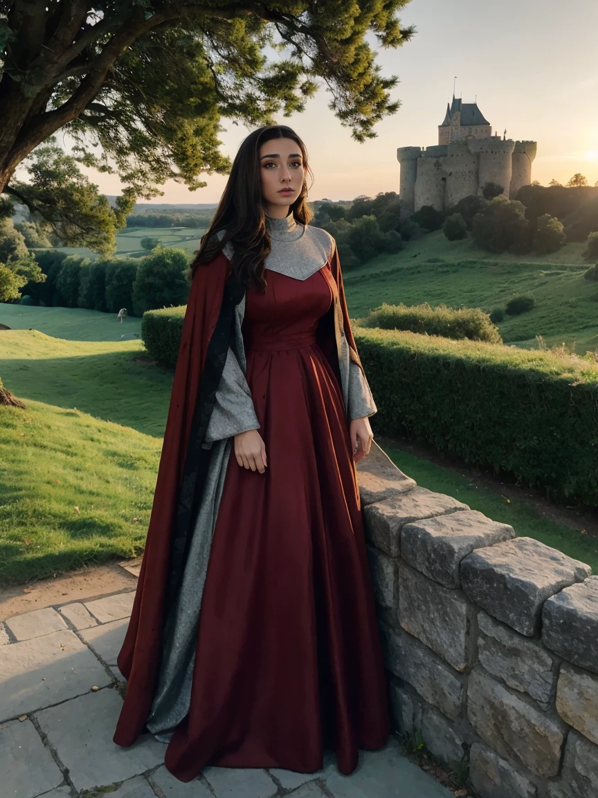 Beautiful and regal, imperious and aloof, busty athletic (thin) brunette queen with sharp facial features wearing a modest updo, dark red medieval dress, long sleeves, intricate patterns, embroidery, wide neck, crown, veil, long dress, modest dress, tight bodice, (silver waist chain), medieval jewelry, Middle Ages, castle, rampart, wall, exterior, on top of a castle wall, trees, countryside, evening, sunset.