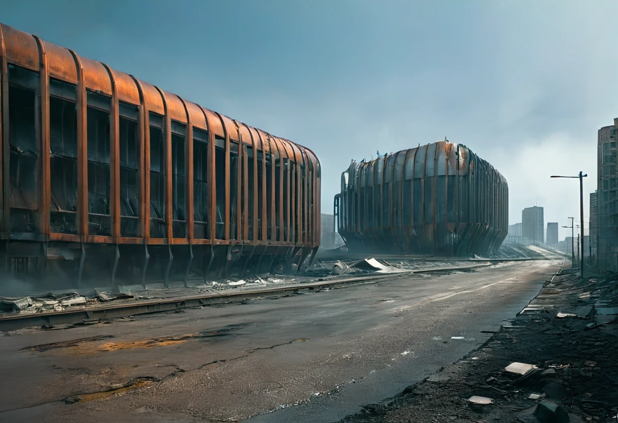 image taken of a girl wearing a hoodie and short, torn dirty clothes, She is wandering among the buildings of an abandoned, ultra-futuristic North American megalopolis city, nuclear apocalypse environment, the dystopian city, has many tall, dystopian metal buildings and dark-colored houses in ruins on the horizon, The uphill street is sloping upwards and is paved and dirty with debris fallen from the buildings, there is a plane lying on the street, rusty and abandoned, environment from dark blue to black, the city has shades of metal gray, has smoky metal structures, there is a viaduct bridge on wide pillars, ultrafuturistic industrial environment with smoke and fog around, dark rusty dirty cars on the streets, desert megalopolis, has abandoned metal rusty modern train and rails among the city streets, futuristic tall buildings with broken glass and rounded rusty and dilapidated metal, tall poles fallen to the ground in the street, many ultramodern buildings around, ORANGE SKY, dusk,  as realistic as possible, as detailed as possible, Science fiction, there are 2 planets in the sky through the dense atmosphere
