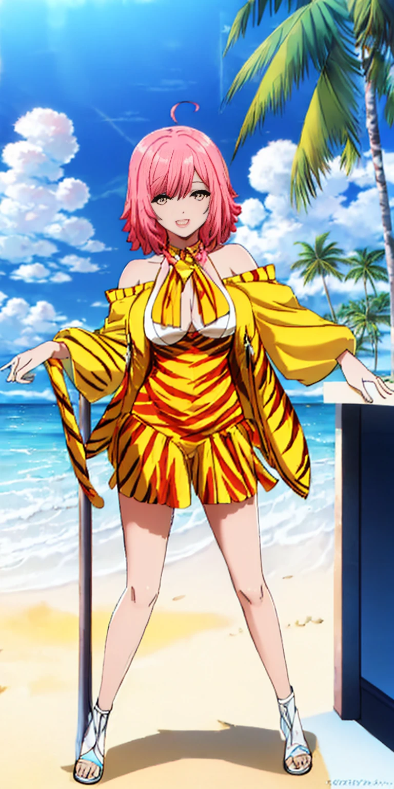 Subject: Woman in yellow tiger print bikini Additional details: Activity: Standing confidently on a beach or a poolside. Background: Sunny day with clear skies (add palm trees for a beach setting). Expression: Smiling and having fun. Pose: Full body shot that is flattering and appropriate for swimwear.