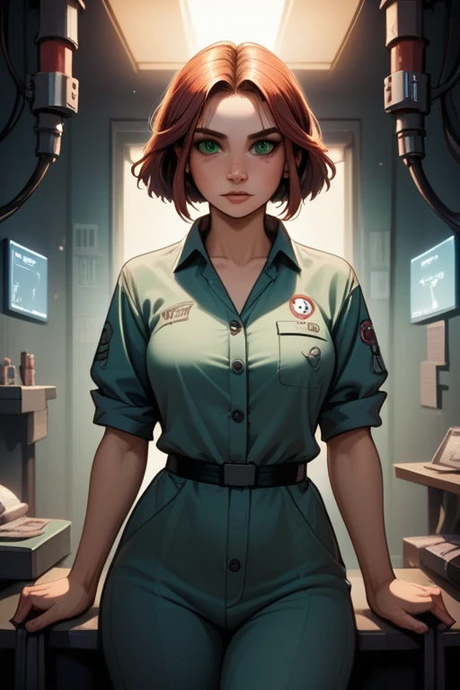 Tall and slender woman; wavy auburn hair; piercing green eyes; fair skin with a few freckles; athletic build; large breasts; confident; girl-next-door look; soft and cute features); in a cyberpunk tunnel; best quality; trending on artstation; dark room with complex volumetric lighting; strong shadows; artistic lighting; dynamic; energetic vibe; realistic skin; specular highlights; micro-textures; highly detailed hair; wearing scrubs like a doctor