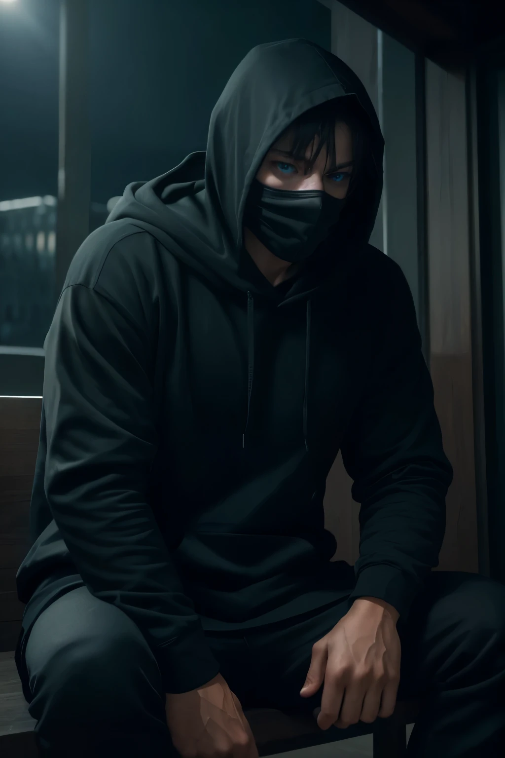 a young man wearing a black hoodie and a black mask, blue eyes, sitting at night in a full body view, ORANG DALEM, (best quality,4k,8k,highres,masterpiece:1.2),ultra-detailed,(realistic,photorealistic,photo-realistic:1.37),hyperrealistic, intricate details, dramatic lighting, cinematic, moody atmosphere, compelling composition