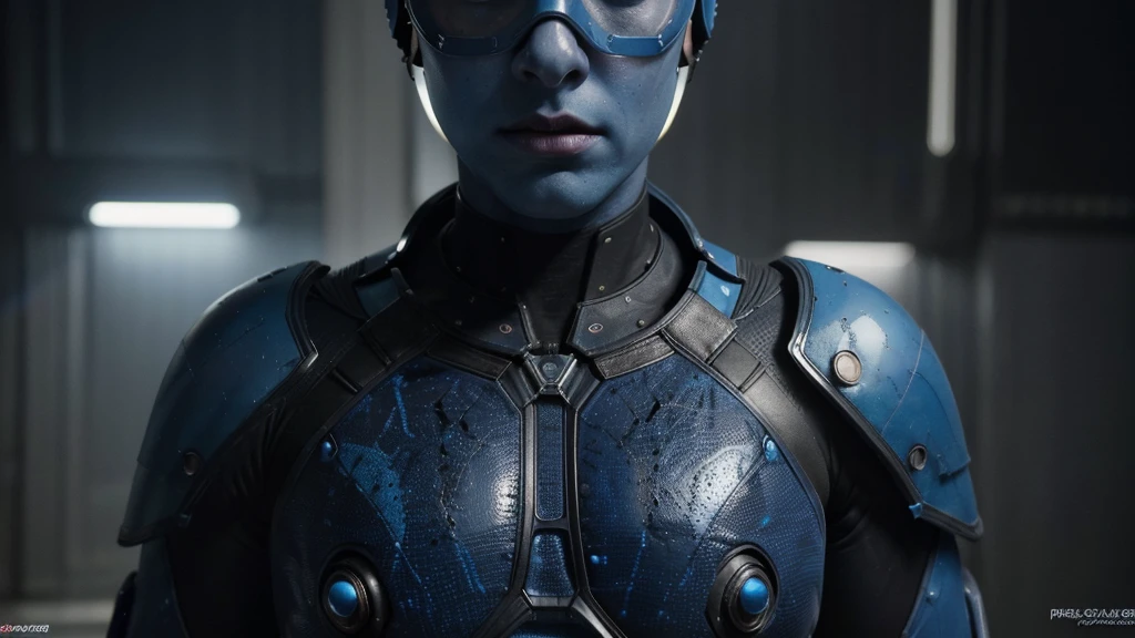 blue beetle from dc film,(best quality,4k,8k,highres,masterpiece:1.2),ultra-detailed,(realistic,photorealistic,photo-realistic:1.37),bright skin,neon,cyberpunk,serious expression,side lighting,unreal engine,simple dark background,action pose, big eyes, big red eyes