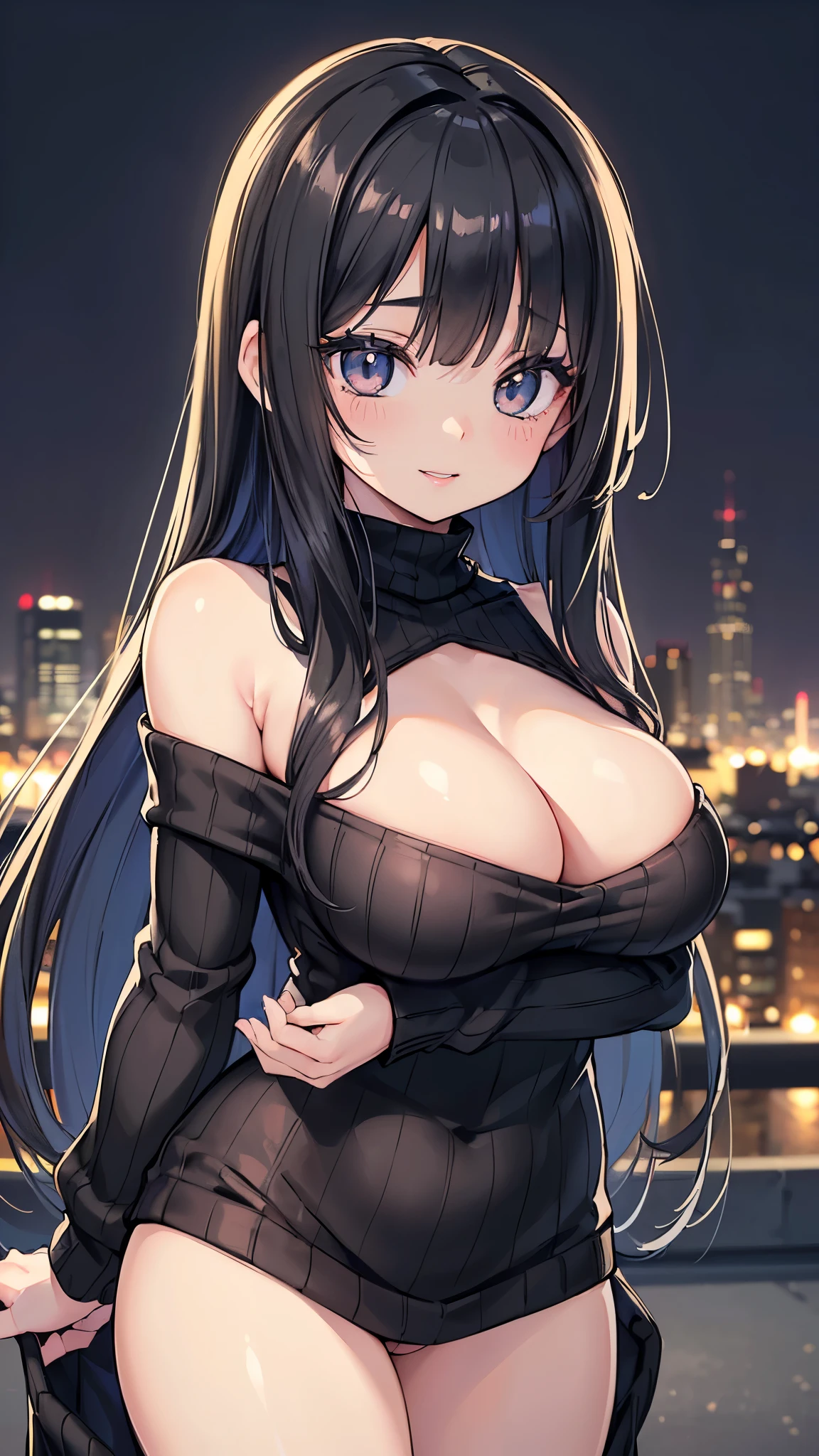 Highest quality, Ultra-high resolution, Very detailed), (Realistic,超Realistic), Beautiful illustrations, Perfect lighting,Written boundary depth,Beautiful body, Beautiful and juicy breasts,View your viewers, One perfect woman,Perfect Face, (Perfect Anatomy, Anatomically correct), Cute and symmetrical face、Baby Face、((Shiny Hair)),(かわいいsmile, smile),((Large Breasts))、Captivating woman、((とてもLarge Breasts))、Cleavage、,(Highest quality), Realistic, (live-action, Intricate details),((Highest quality, Ultra-high resolution, Very detailed), (Realistic,超Realistic), Beautiful illustrations, Perfect lighting,Written boundary depth,Beautiful body, Beautiful and juicy breasts,View your viewers, One perfect woman,Perfect Face, (Perfect Anatomy, Anatomically correct), Cute and symmetrical face、Baby Face、((Shiny Hair)),(かわいいsmile, smile)、(masterpiece),8K,Very clear,(Ultra-realistic),One woman,((Large Breasts))、Captivating woman、((とてもLarge Breasts))、Cleavage、,(Highest quality), Realistic, (live-action, Intricate details),((Outdoor、Blurry cityscape)), Beautiful Face,Beautiful woman, Shiny skin, ((Beautiful black long hair)), (Parted bangs), ((Black big eyes、Long eyelashes)), Beautiful Face,((Knitted sweater))、((Juicy lips))、(((Off the shoulder)))、Cowboy Shot、((bottomless))