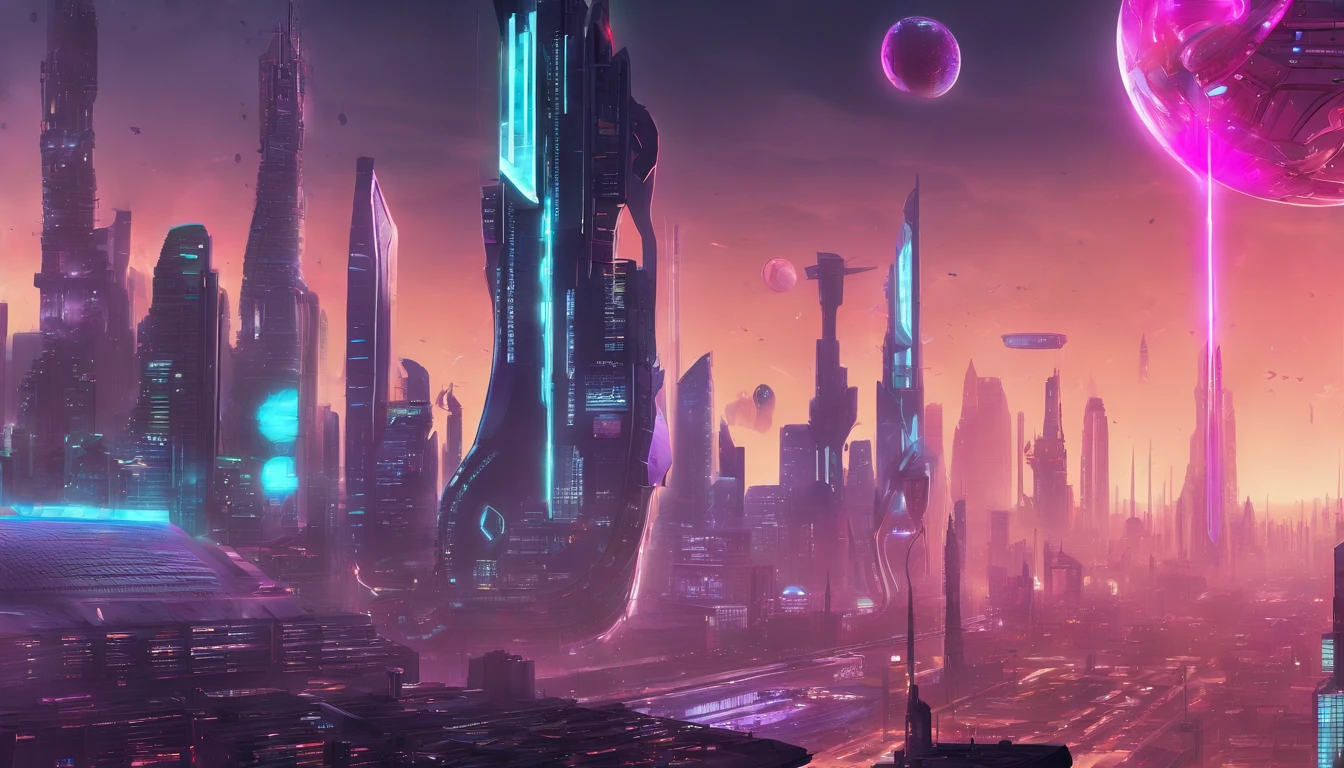 Create a space city of 10 million people, that has 4 hockey arenas, 4 baseball stadiums, 4 football stadiums, 4 basketball arenas, 10,000 apartment buildings that at 100 stories high. 75,000 clothing, shoe, designer stores, 10,000 factories that make toys, public transportation, clothing, and a whole bunch of factories that make appliances & tech gadgets. There are 24 200 story sky scraper office buildings. There are 20,000 farms on the outskirts of the city. The city is 288 square miles. It's currently flying near a Saturn like planet that has a few rings, many stars, and some moons in the background.This city has a bubble, to hold in the atmosphere. Put people walking in the streets. The city government is located on the edge of the Starship City, that resembles New York City. There are 24 landing pads located around the city, and they're 2 square miles.